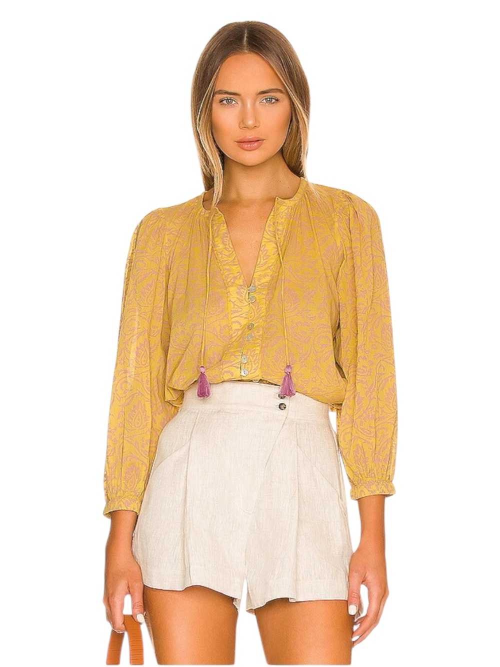 Cleobella Scarlett Blouse in Camellia Print Yellow/Pink Revolve Size Small
